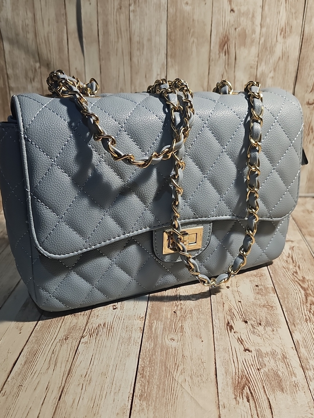 Classic Quilted Shoulder Bag in Light Gray with Gold Chain